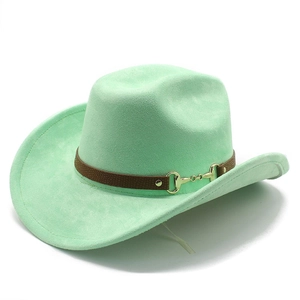 Detailed macro view of mint green wool felt fedora with a horsebit buckle leather strap
