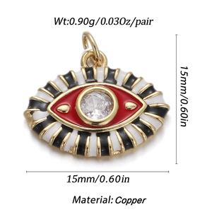 Detail view of Evil Eye zircon pendant showing 15mm dimensions and copper material specs