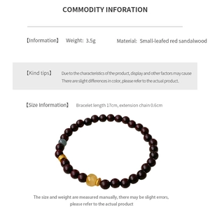Product specifications of the red sandalwood bracelet with gold metal accents and sizing