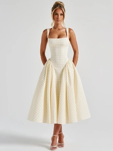 French style yellow plaid sundress with square neck and backless A-line pleated skirt