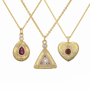 Geometric Pendant Necklace Copper Gold Plated Heart Waterdrop Triangle Zircon Rhinestone Vintage Elegant Jewelry Women