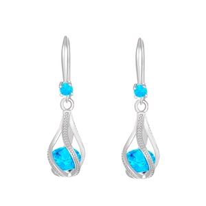 Sparkling waterdrop earrings with bright blue zircons and silver rotating hollow design