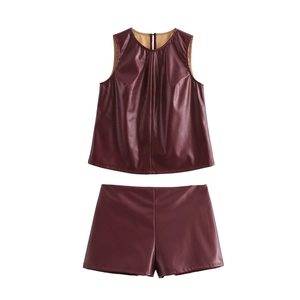 Women Wine Red PU Leather Sleeveless Top And Shorts Outfit Round Neck Pleated Streetwear Sexy Solid Color
