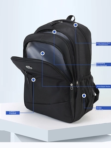 Detail showing multiple storage layers and functional pockets of the black oxford backpack