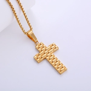 18k gold plated stainless steel cross necklace with woven texture on box chain