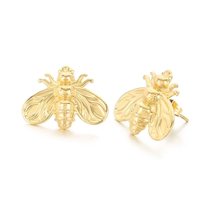 Minimalist golden bee stud earrings in stainless steel with detailed insect wing carvings
