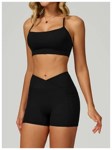 Close-up of high-waisted V-cross waistband and side pocket on black fitness shorts