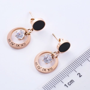 18K rose gold stainless steel earrings with Roman numerals and sparkling zircon stones