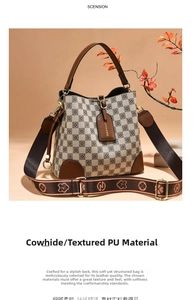Detail of checkered bucket bag featuring brown leather trim and patterned wide strap