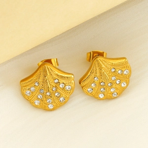 Shell Stud Earrings Stainless Steel Plated 18K Gold Rhinestone Scallop Shape Fashion Jewelry For Women Elegant Trendy