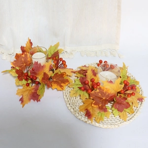 Autumn harvest candle holder set with colorful maple leaves, red berries and glass cups