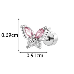 Silver butterfly cartilage earring with pink zircon wings and screw back studs