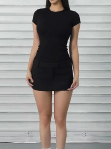 Slim fit black short sleeve T-shirt and mini skirt set with elastic cotton fabric