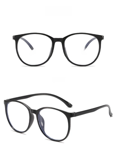 Detailed view of large round black frame glasses with blue light blocking lenses