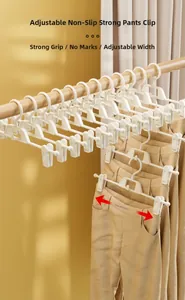 Detail of adjustable white clip hangers with non-slip padding for trousers and skirts