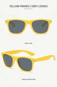 Detail view of yellow frame sunglasses with gray lenses and metallic rivet accents