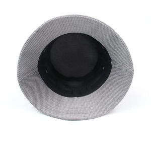 Top view of gray corduroy bucket hat showing internal lining and soft ribbed texture