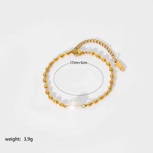 Gold stainless steel bracelet with freshwater pearl and oval beads, 17+5cm adjustable chain