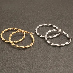Polished stainless steel twisted rope hoop earrings in gold and silver finish