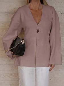 Detail of dusty pink ribbed knit cardigan with V-neckline and single button closure