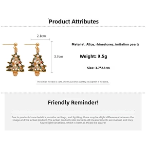 Detailed view of Christmas tree earrings with colored rhinestones and faux pearls