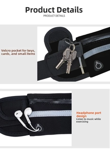 Detail view of sport waist bag with reflective safety strip and headphone port