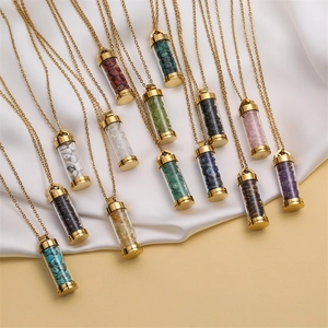 Perfume Bottle Pendant Necklace Stainless Steel Glass Openable Natural Crushed Stone Wishing Bottle Essential Oil Diffuser