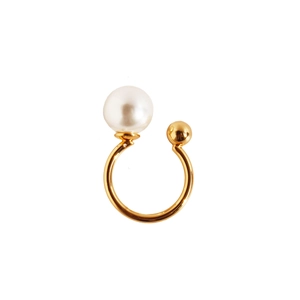 Minimalist gold U-shaped open ring featuring a white pearl and polished gold bead accent
