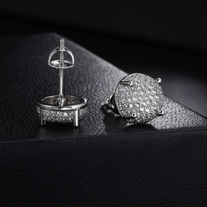 Hip hop silver screw back stud earrings with micro paved white cubic zirconia diamonds