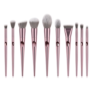 10pcs metallic pink makeup brush set with soft grey bristles for face and eye makeup