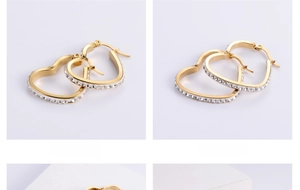 Macro shot of gold-plated heart-shaped hoop earrings with micro-inlaid clear crystals