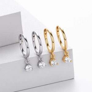 Minimalist 925 sterling silver hoop earrings with round clear crystal drops in gold and silver