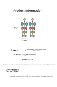 Detailed view of colorful rhinestone bow tassel earrings with dimensions 8.1cm by 2.9cm