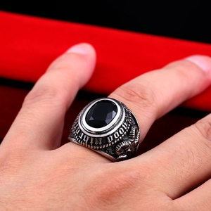 Vintage stainless steel signet ring with black zircon and goat head relief for men