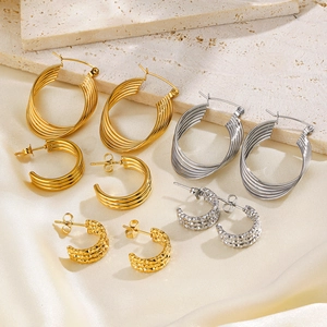Minimalist Stainless Steel Hoop Earrings For Women Multi Layer Line Geometric Textured C-Shape Gold Plated Jewelry