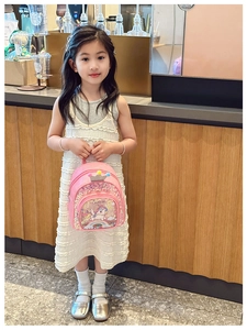 Pink unicorn kids backpack with glitter layer, gray crown detail and fuzzy pom-poms