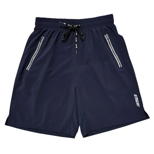 Detail view of dark blue athletic shorts featuring secure zipper pockets and drawstring waist