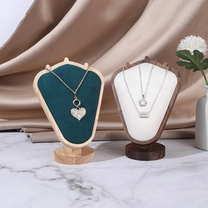 Velvet bust necklace display stand with solid wood base for jewelry presentation
