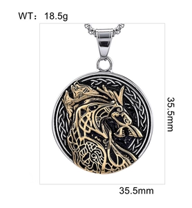 Detailed view of Viking wolf totem pendant with antique silver and gold relief pattern