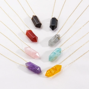 Minimalist hexagonal crystal bullet pendants on gold stainless steel chains in eight colors
