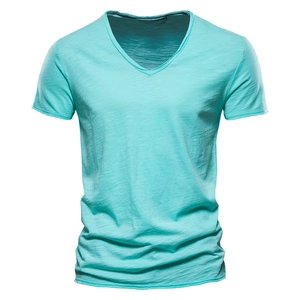 Detailed view of lake blue slub cotton fabric texture and V-neckline on a men's t-shirt