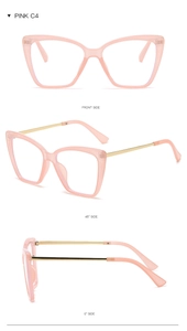 Three-view layout of pink translucent cat-eye glasses frame with gold metal temples