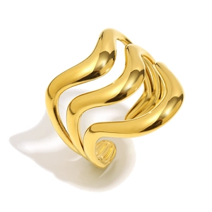 Minimalist 18K gold plated stainless steel triple wave open ring on white background