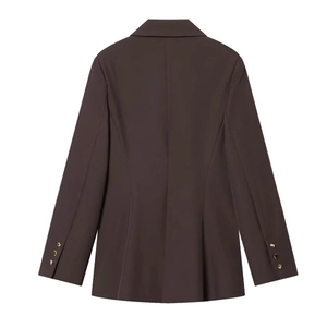 Back view of dark brown women's blazer with tailored cut and gold buckle sleeve details