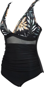 Detail view of tropical floral print swimsuit with V-neckline and mesh waist paneling