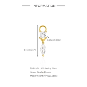 Detail showing S925 sterling silver earring charm with rhombus zircons and dimensions