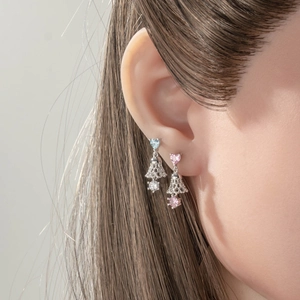 Christmas lace bell screw back cartilage earrings with pink and blue heart gems