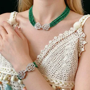 Elegant multi-strand emerald green bead jewelry set with silver camellia floral clasp