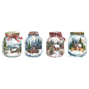 Weihnachts-Wandtattoo mit vier verschiedenen Winter-Schneeszenen und Waldhütten-Motiven