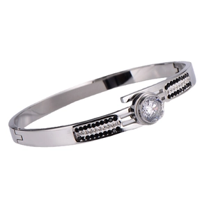 Sleek silver bracelet with large zircon and black-and-white pave-set stones